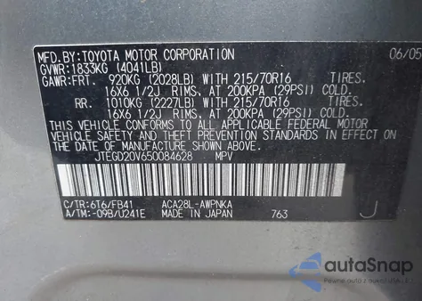 2005 Toyota Rav4 z USA, uszkodzony, nr VIN JTEGD20V650084628